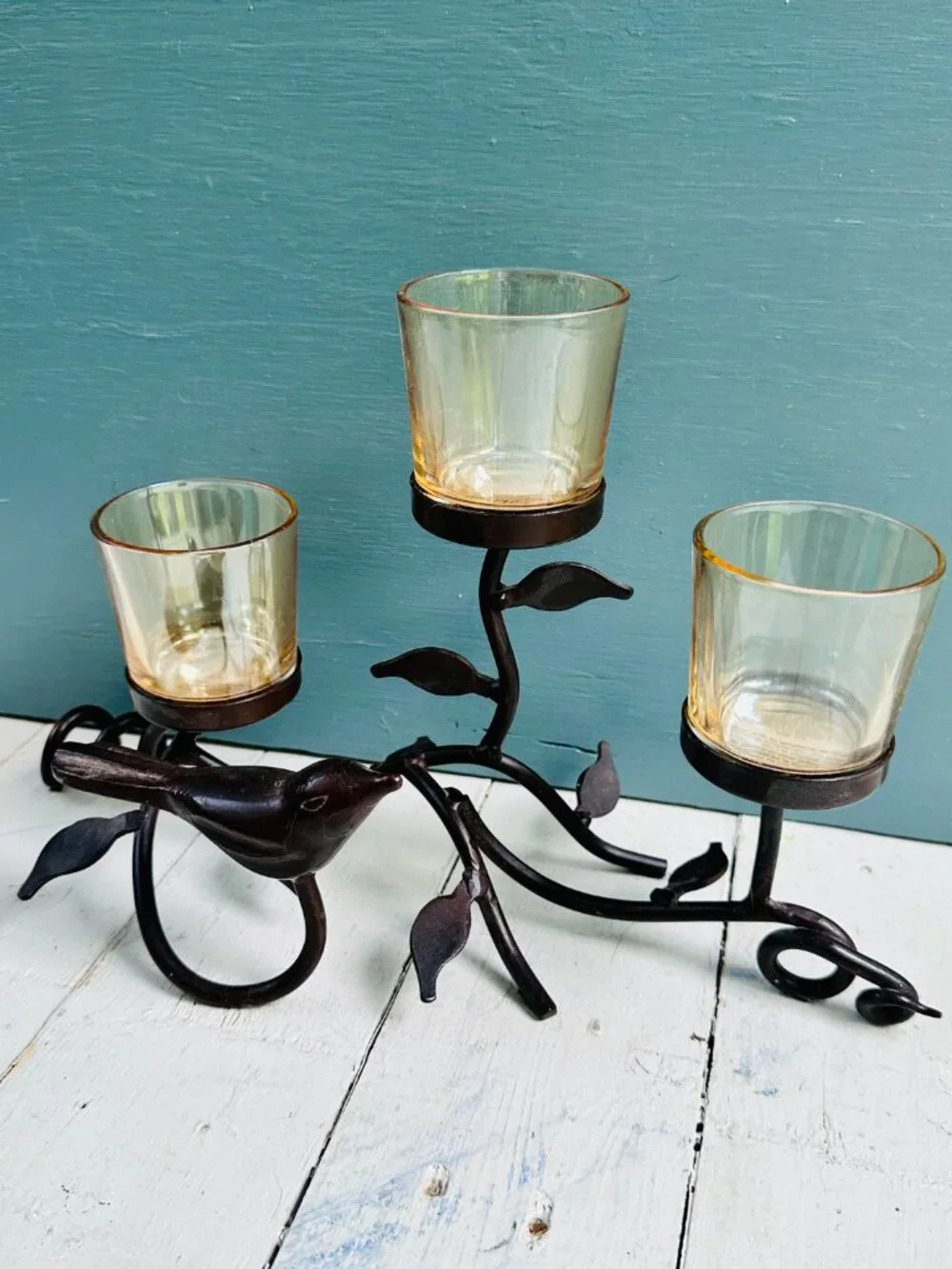Vintage Pier 1 Metal Bird Candle Holder Triple Votive Centerpiece Wrought Iron